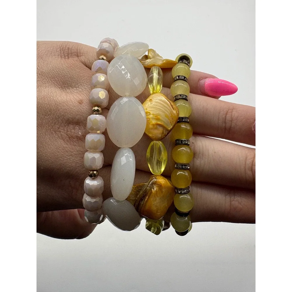 Yellow and White Beaded Stretch Bracelet Stack Set 4pc Shell Stone‎ Glass Boho